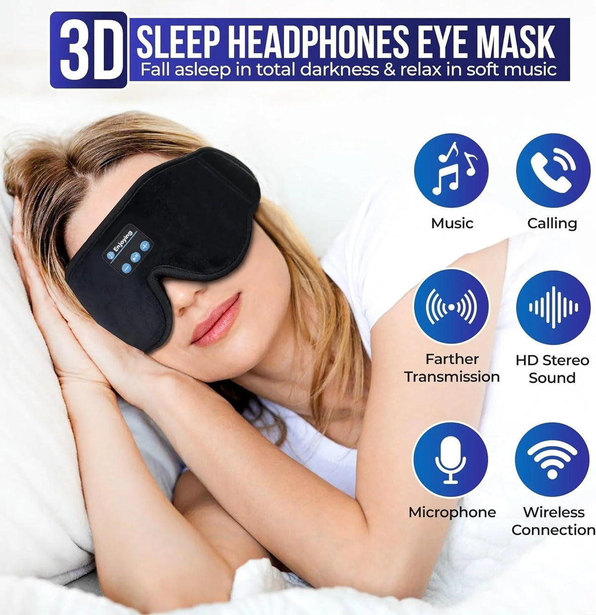 3D Sleep Eye Mask with Headphones & Earbuds for Men/Women Side Sleepers-Travel Insomnia Relief Meditation 10 Hours Play Time
