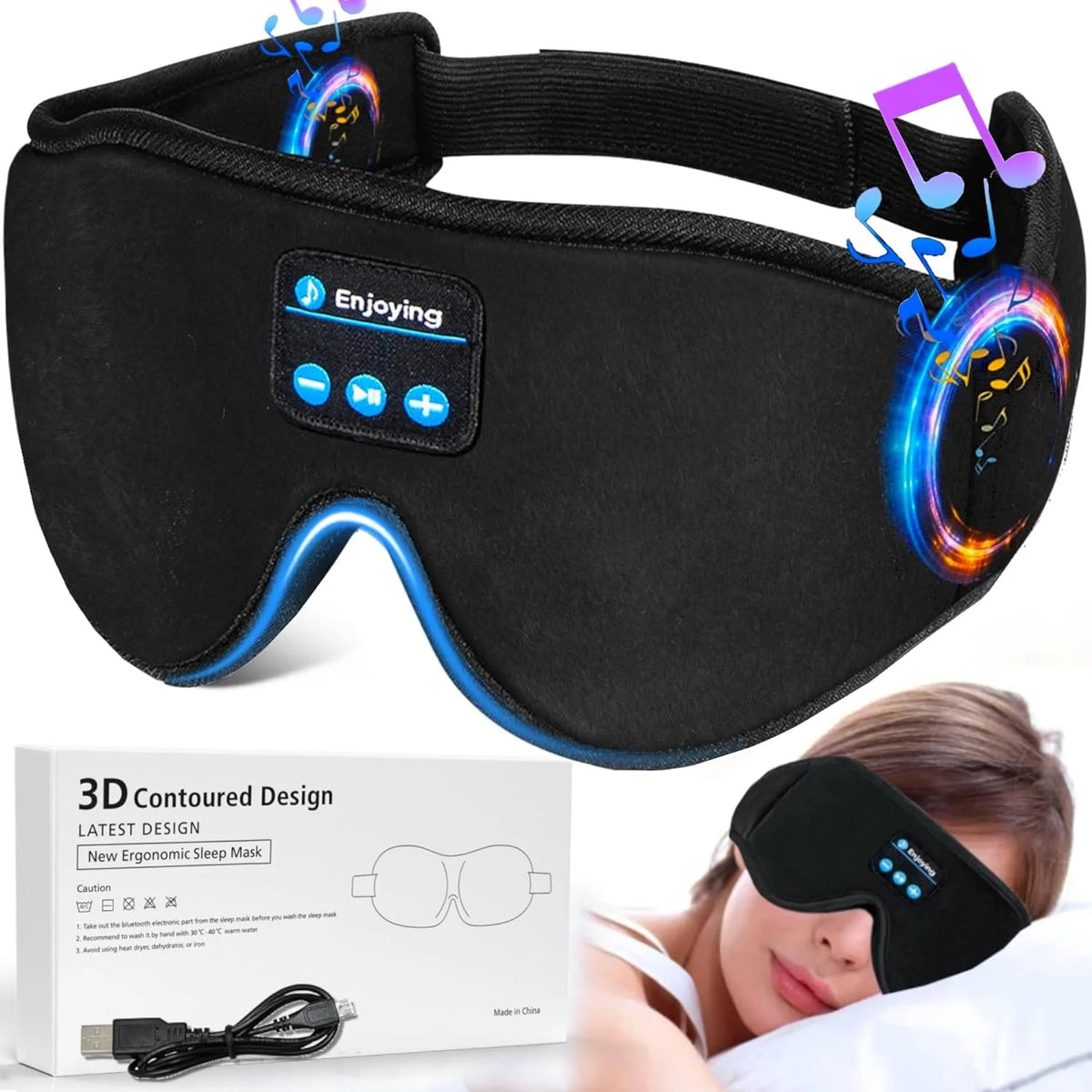 3D Sleep Eye Mask with Headphones & Earbuds for Men/Women Side Sleepers-Travel Insomnia Relief Meditation 10 Hours Play Time