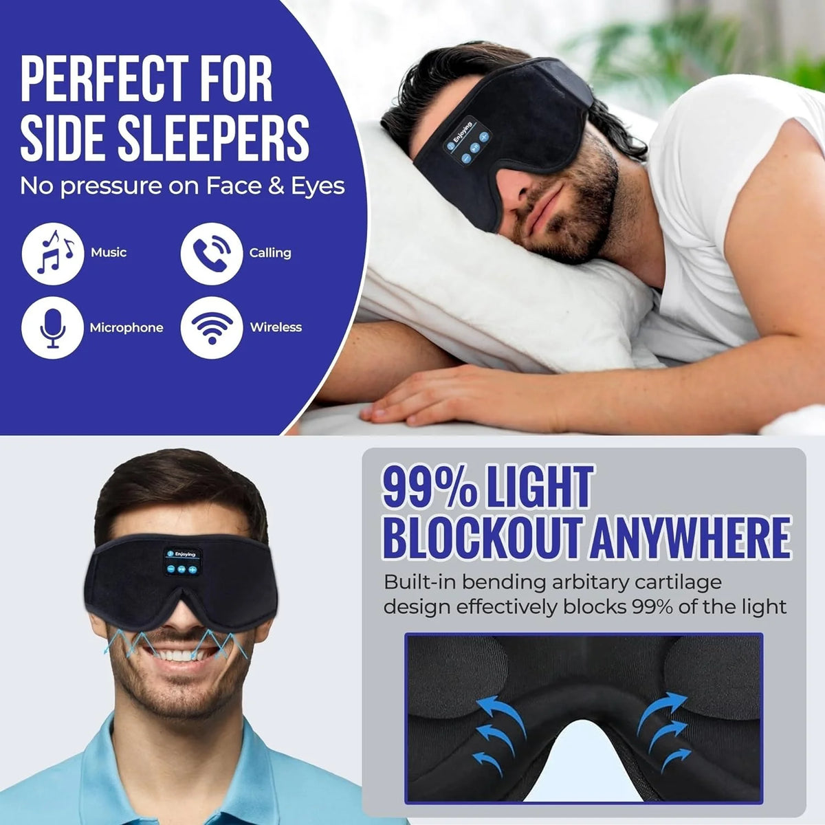 3D Sleep Eye Mask with Headphones & Earbuds for Men/Women Side Sleepers-Travel Insomnia Relief Meditation 10 Hours Play Time