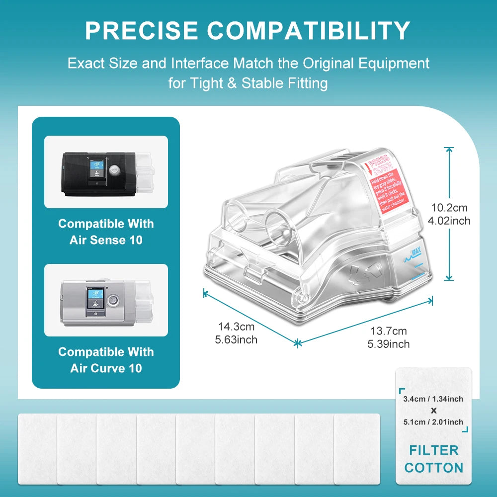CPAP Replacement Water Chamber with 10 Filters for AirSense 10 AirCurve 10 S10 Ventilator Tube Humidifier Tank CPAP Accessories