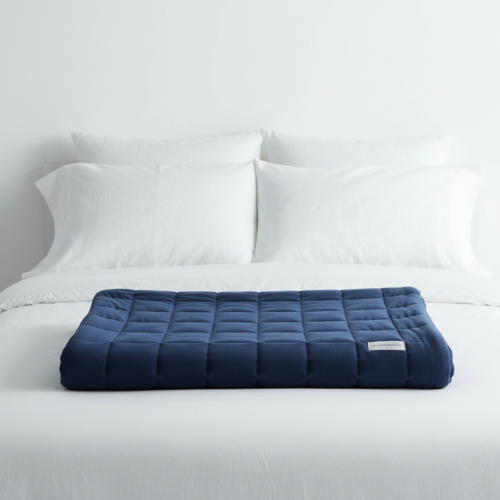 Nocturely Weighted Blanket in deep navy blue waffle texture on a minimalist white bed