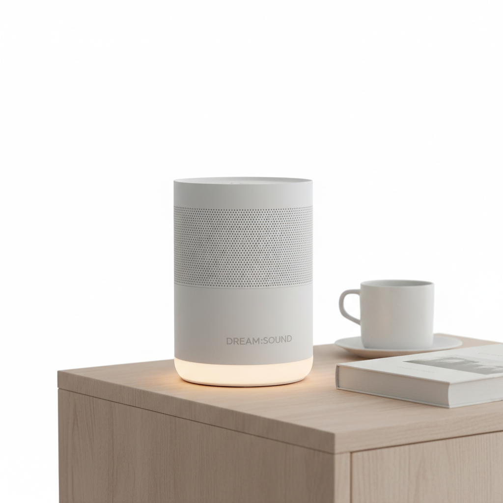 Nocturely White Noise Machine compact cylindrical design on a minimalist nightstand