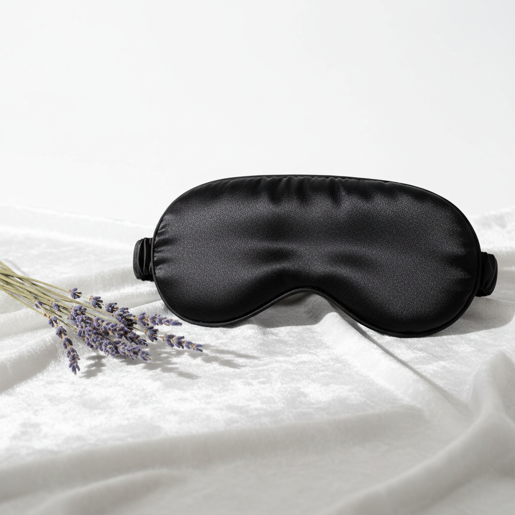 Nocturely Silk Sleep Mask in midnight black on a soft white surface with lavender sprigs