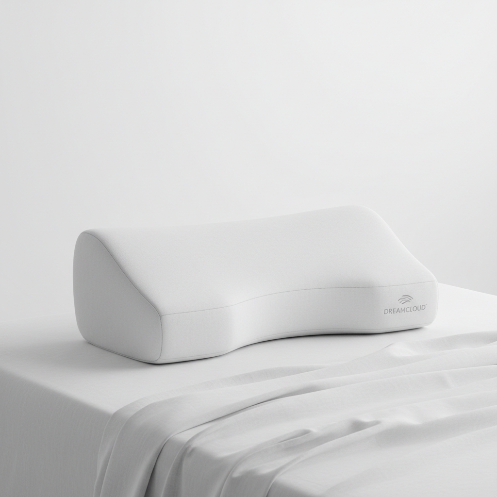 Nocturely Memory Foam Contour Pillow white ergonomic shape on a crisp white bed with soft linen