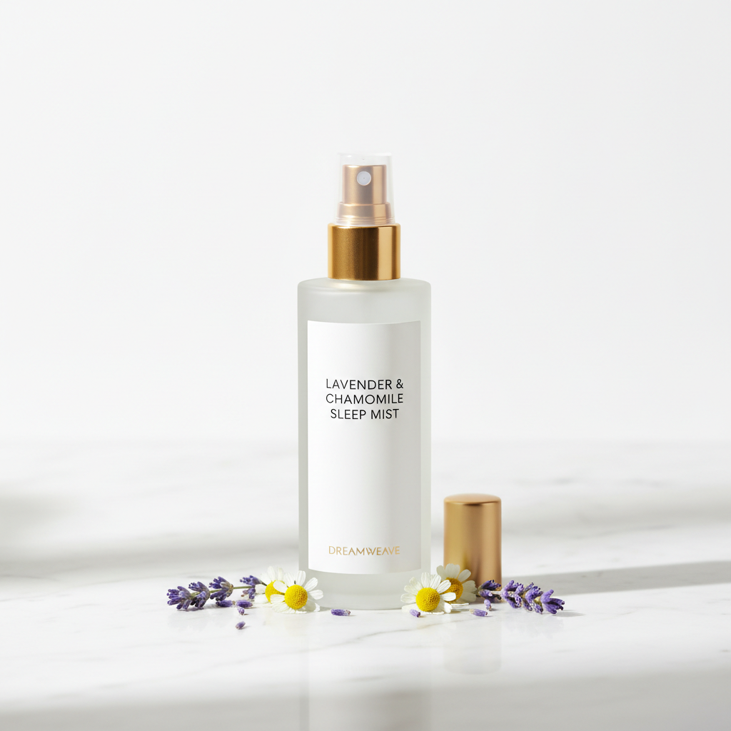 Nocturely Aromatherapy Pillow Mist frosted glass bottle on white marble with lavender and chamomile flowers