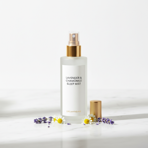 Nocturely Aromatherapy Pillow Mist frosted glass bottle on white marble with lavender and chamomile flowers