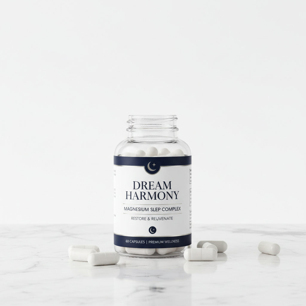 Nocturely Magnesium Sleep Supplement dark navy and white bottle on white marble surface with soft ambient lighting