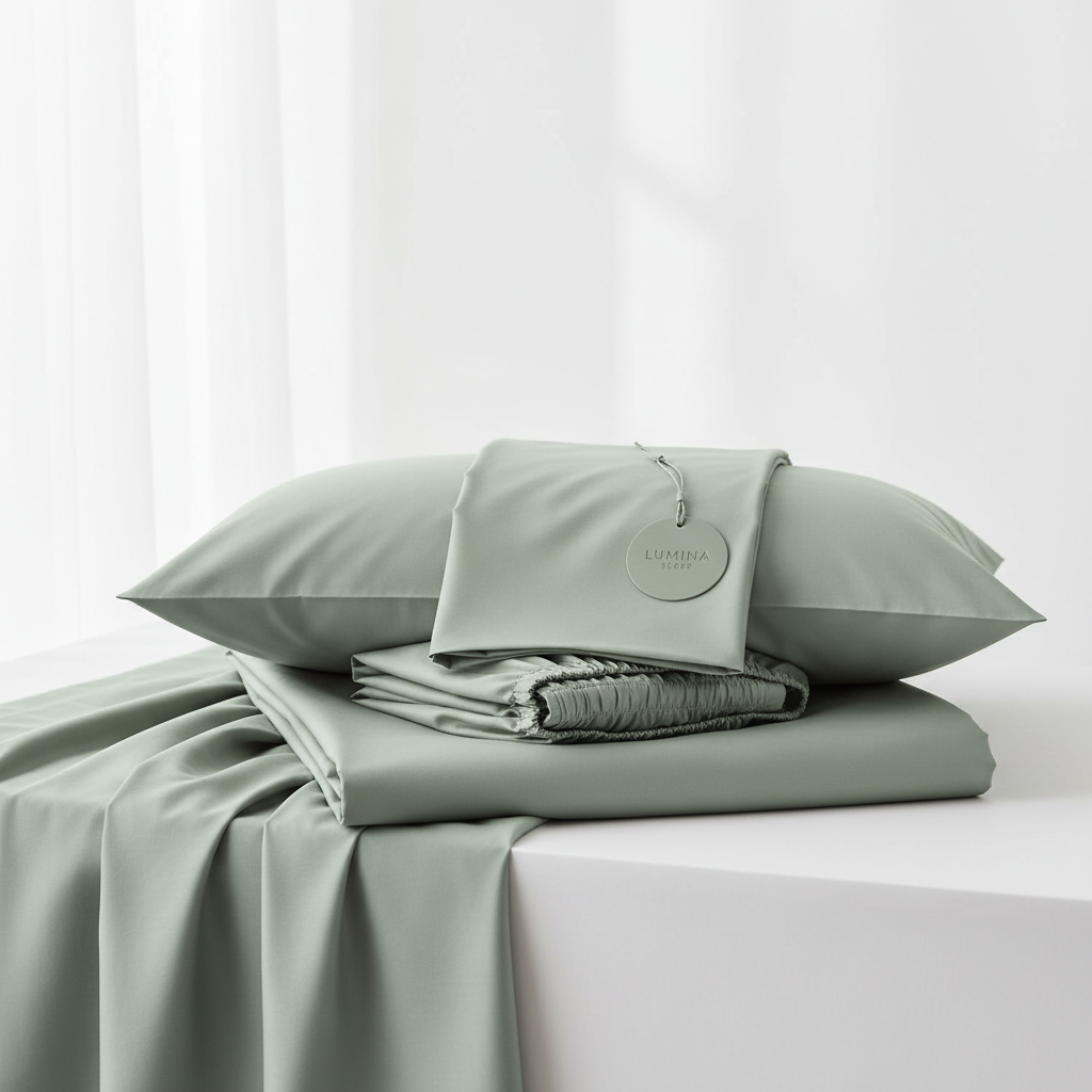 Nocturely Bamboo Bed Sheet Set in soft sage green neatly folded on a white surface