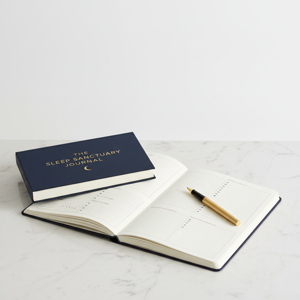 Nocturely Sleep Tracking Journal deep navy hardcover with gold foil lettering open on white marble surface with a pen